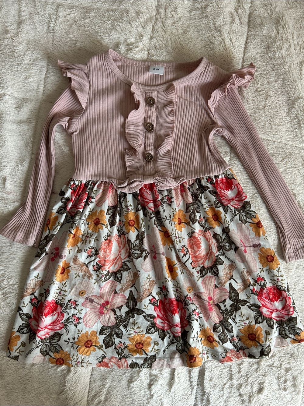 PatPat Pink Ribbed Top Floral Skirt Long Sleeve Dress